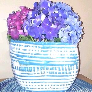 💐Blue and White Striped Ceramic Vase Thin, Oblong (Vase Only)